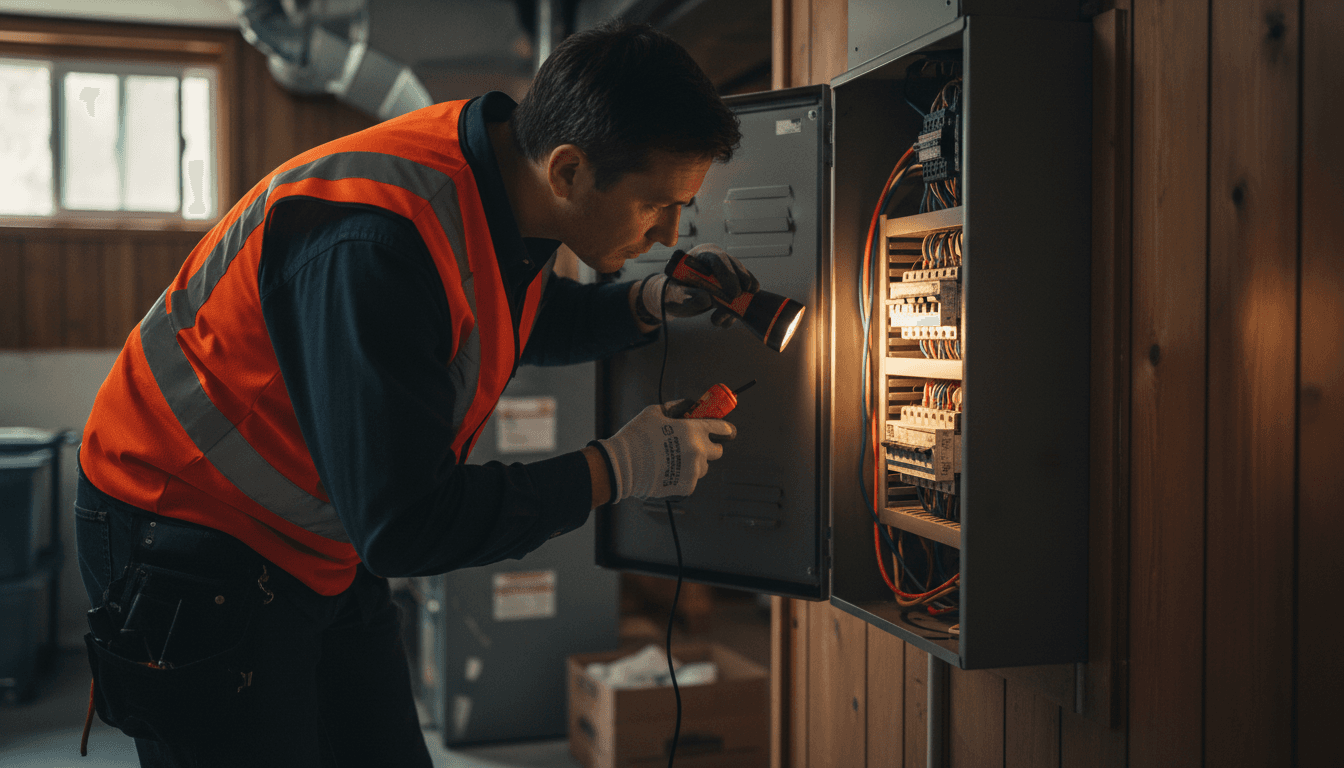 Inspector examining an electrical panel in a Toronto home