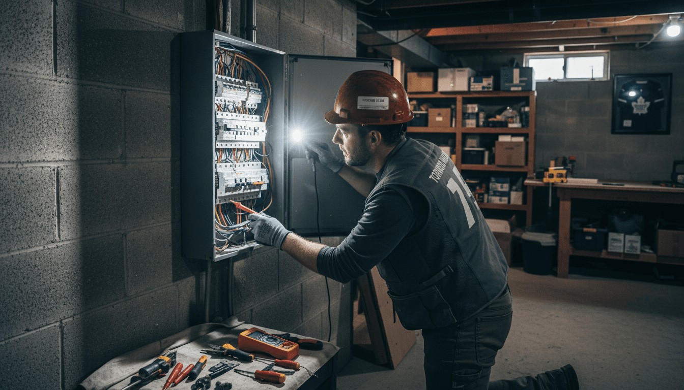 Inspector examining an electrical panel with a flashlight