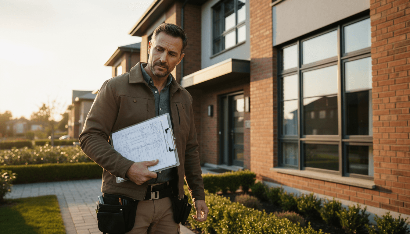 Property inspector with clipboard reviewing a residential building exterior