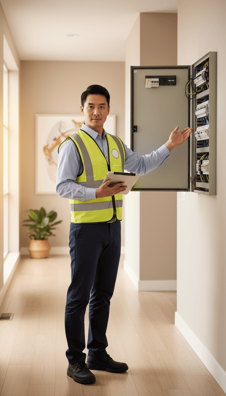 Inspector examining an electrical panel in a Toronto home