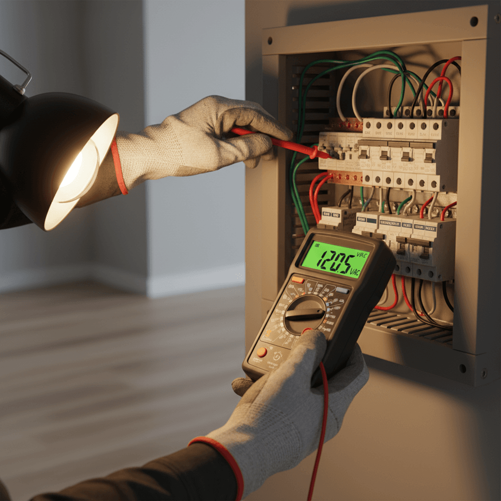 Inspector examining an electrical panel in a Toronto home