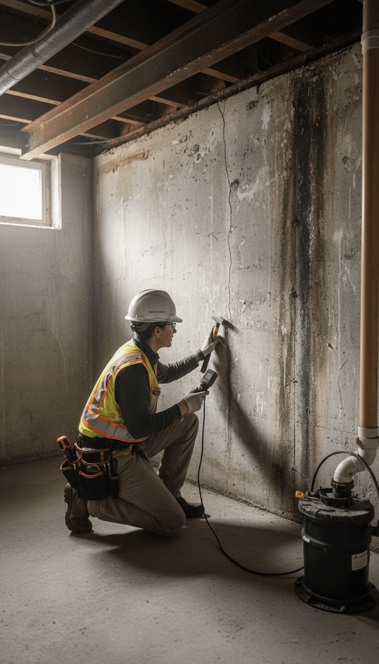 Moisture reading on a basement wall during a property inspection
