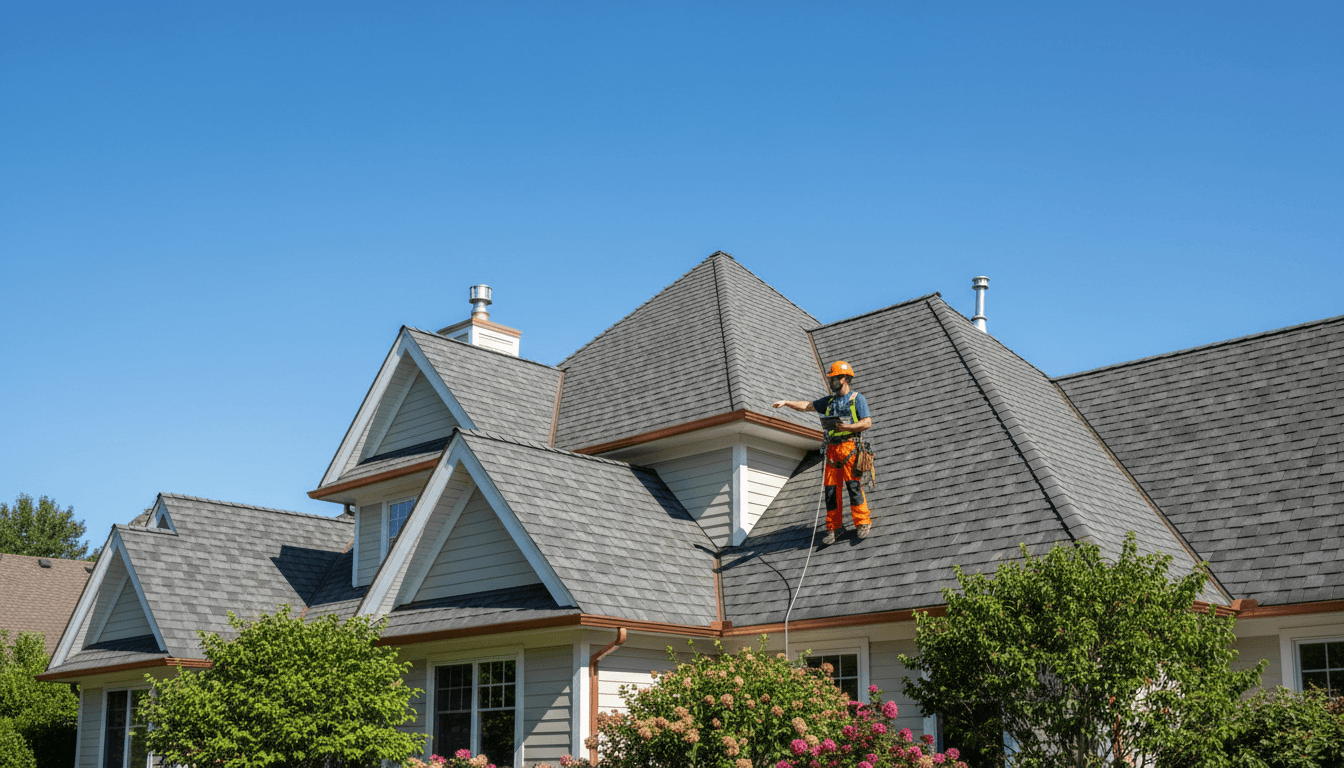 Inspector assessing the exterior roofline of a residential property