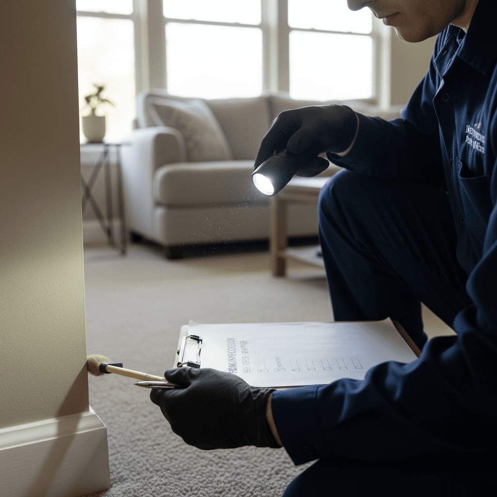 Inspector walking through a bright living room checking window frames and baseboards